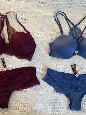 Victoria Secret Very Sexy Push Up Lace-Trim Bra & Brief Set - Burgundy and Blue